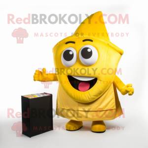 Yellow Tacos mascot costume character dressed with a Evening Gown and Wallets