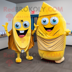 Yellow Tacos mascot costume character dressed with a Evening Gown and Wallets