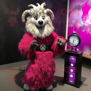 Magenta Angora Goat mascot costume character dressed with a Evening Gown and Digital watches