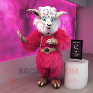 Magenta Angora Goat mascot costume character dressed with a Evening Gown and Digital watches