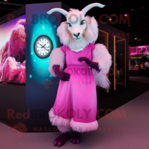 Magenta Angora Goat mascot costume character dressed with a Evening Gown and Digital watches