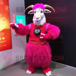 Magenta Angora Goat mascot costume character dressed with a Evening Gown and Digital watches