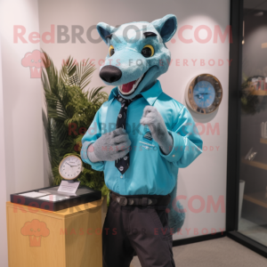 Turquoise Thylacosmilus mascot costume character dressed with a Oxford Shirt and Digital watches