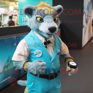 Turquoise Thylacosmilus mascot costume character dressed with a Oxford Shirt and Digital watches