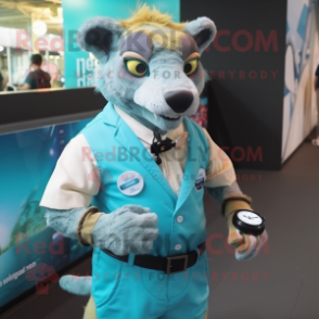 Turquoise Thylacosmilus mascot costume character dressed with a Oxford Shirt and Digital watches