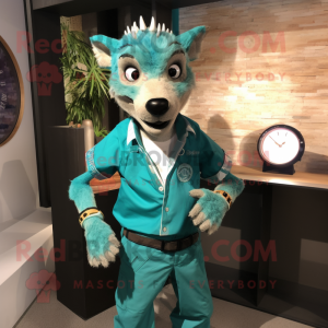 Turquoise Thylacosmilus mascot costume character dressed with a Oxford Shirt and Digital watches