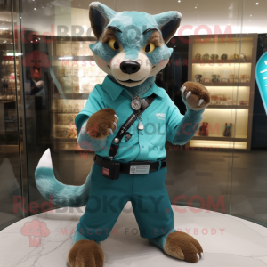 Turquoise Thylacosmilus mascot costume character dressed with a Oxford Shirt and Digital watches
