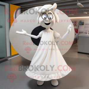 White Plate Spinner mascot costume character dressed with a Maxi Skirt and Earrings