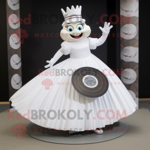 White Plate Spinner mascot costume character dressed with a Maxi Skirt and Earrings