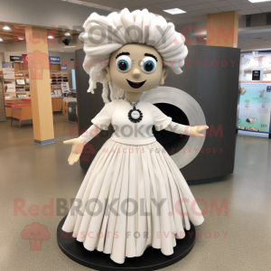 White Plate Spinner mascot costume character dressed with a Maxi Skirt and Earrings