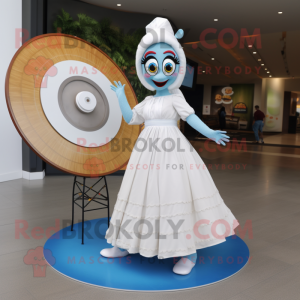 White Plate Spinner mascot costume character dressed with a Maxi Skirt and Earrings