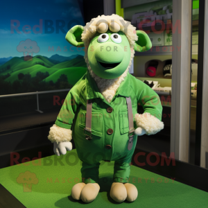 Green Merino Sheep mascot costume character dressed with a Poplin Shirt and Cufflinks
