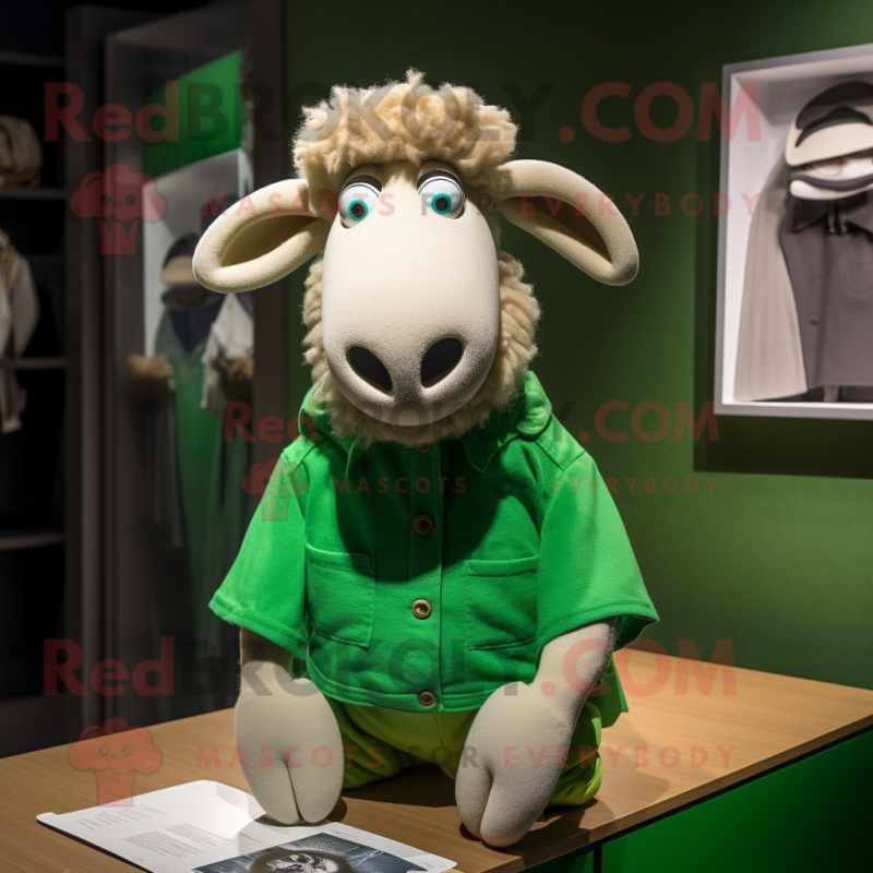 Green Merino Sheep mascot costume character dressed with a Poplin Shirt and Cufflinks