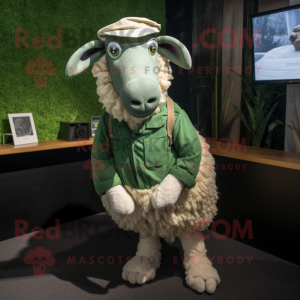 Green Merino Sheep mascot costume character dressed with a Poplin Shirt and Cufflinks