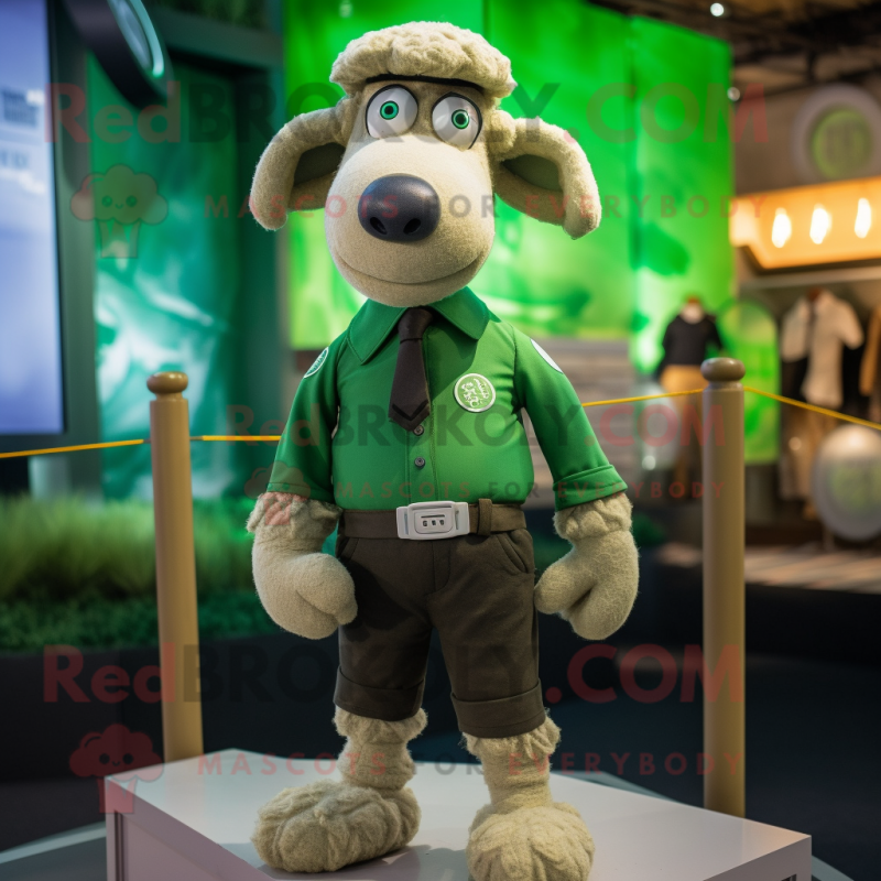 Green Merino Sheep mascot costume character dressed with a Poplin Shirt and Cufflinks