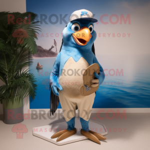 Tan Blue Jay mascot costume character dressed with a Swimwear and Caps