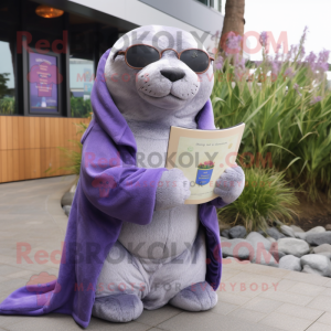 Lavender Sea Lion mascot costume character dressed with a Coat and Reading glasses