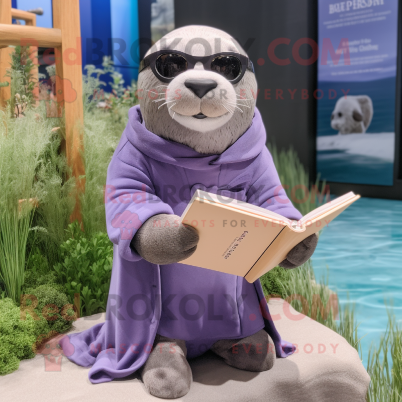 Lavender Sea Lion mascot costume character dressed with a Coat and Reading glasses