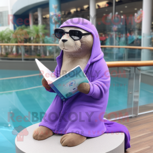 Lavender Sea Lion mascot costume character dressed with a Coat and Reading glasses