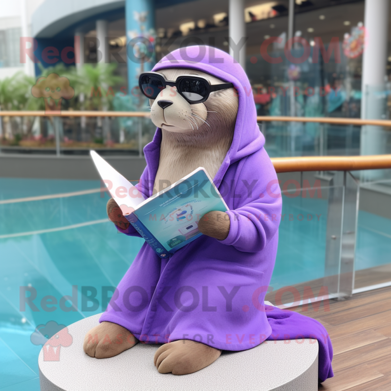 Lavender Sea Lion mascot costume character dressed with a Coat and Reading glasses Lavender Sea Lion mascot costume character dressed with a Coat and Reading glasses