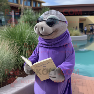 Lavender Sea Lion mascot costume character dressed with a Coat and Reading glasses