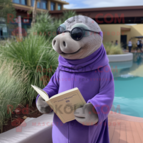 Lavender Sea Lion mascot costume character dressed with a Coat and Reading glasses