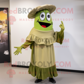 Olive Moussaka mascot costume character dressed with a Empire Waist Dress and Hat pins