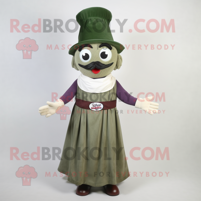 Olive Moussaka mascot costume character dressed with a Empire Waist Dress and Hat pins Olive Moussaka mascot costume character dressed with a Empire Waist Dress and Hat pins