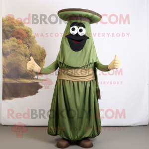 Olive Moussaka mascot costume character dressed with a Empire Waist Dress and Hat pins