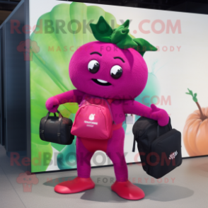 Magenta Spinach mascot costume character dressed with a One-Piece Swimsuit and Messenger bags