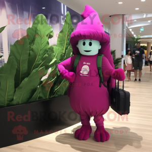 Magenta Spinach mascot costume character dressed with a One-Piece Swimsuit and Messenger bags