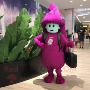 Magenta Spinach mascot costume character dressed with a One-Piece Swimsuit and Messenger bags