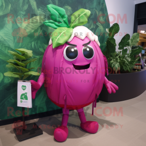 Magenta Spinach mascot costume character dressed with a One-Piece Swimsuit and Messenger bags