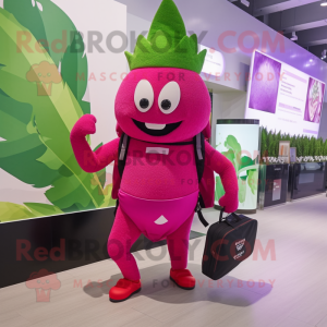 Magenta Spinach mascot costume character dressed with a One-Piece Swimsuit and Messenger bags