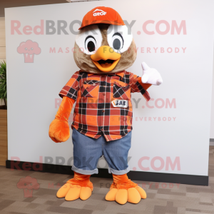 Orange Dove mascot costume character dressed with a Flannel Shirt and Wraps