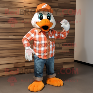 Orange Dove mascot costume character dressed with a Flannel Shirt and Wraps