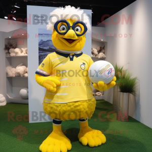 Lemon Yellow Hens mascot costume character dressed with a Rugby Shirt and Eyeglasses