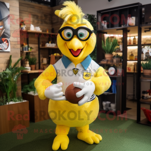 Lemon Yellow Hens mascot costume character dressed with a Rugby Shirt and Eyeglasses