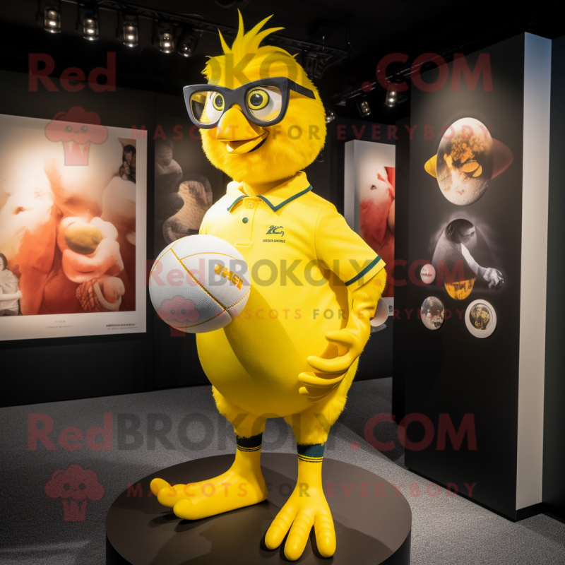 Lemon Yellow Hens mascot costume character dressed with a Rugby Shirt and Eyeglasses
