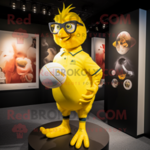 Lemon Yellow Hens mascot costume character dressed with a Rugby Shirt and Eyeglasses