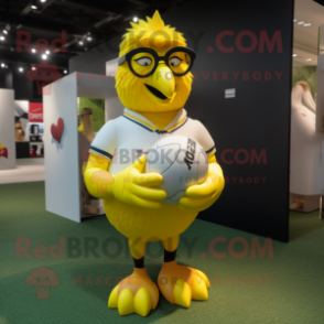 Lemon Yellow Hens mascot costume character dressed with a Rugby Shirt and Eyeglasses