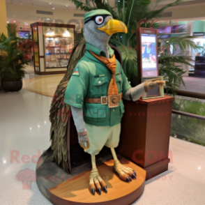 Forest Green Passenger Pigeon mascot costume character dressed with a Cargo Shorts and Bracelet watches