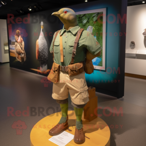 Forest Green Passenger Pigeon mascot costume character dressed with a Cargo Shorts and Bracelet watches