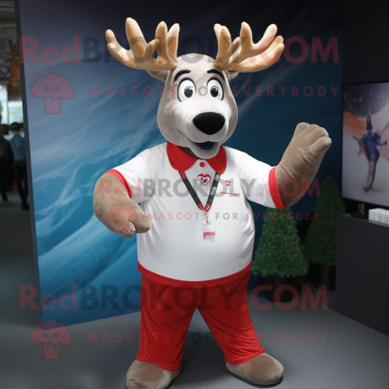 nan Reindeer mascot costume character dressed with a Polo Shirt and Lapel pins