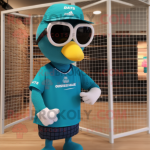 Teal Volleyball Net mascot costume character dressed with a Graphic Tee and Sunglasses