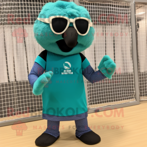 Teal Volleyball Net mascot costume character dressed with a Graphic Tee and Sunglasses