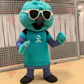 Teal Volleyball Net mascot costume character dressed with a Graphic Tee and Sunglasses