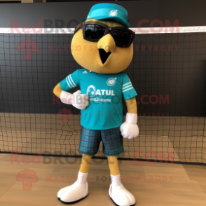 Teal Volleyball Net mascot costume character dressed with a Graphic Tee and Sunglasses