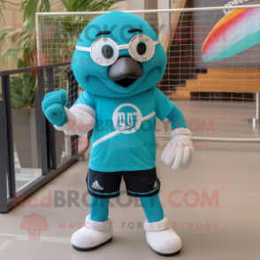 Teal Volleyball Net mascot costume character dressed with a Graphic Tee and Sunglasses