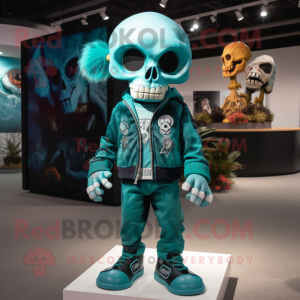 Teal Skull mascot costume character dressed with a Romper and Shoe clips